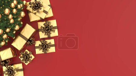Christmas tree with golden decorations and gifts, on red background. Christmas background with copy space for text, top view.