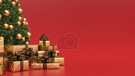 Christmas tree with golden decorations and gifts, on red background. Christmas background with copy space for text.