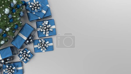 Christmas tree with blue decorations and gifts, on a silver background. Christmas background with copy space for text, top view. 