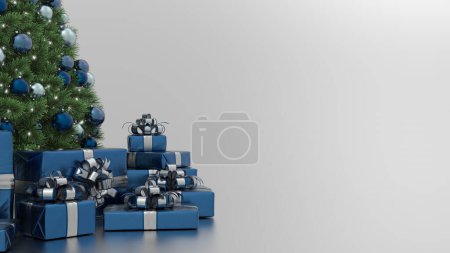 Christmas tree with blue decorations and gifts, on a silver background. Christmas background with copy space for text.