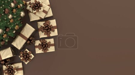 Christmas tree with bronze decorations and gifts, on a brown background. Christmas background with copy space for text, top view. 