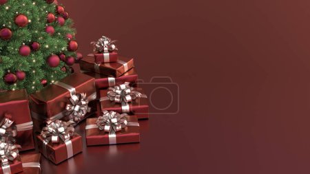 Christmas tree with red decorations and gifts, on a red background. Christmas background with copy space for text