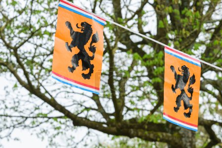 Foto de Banderas naranjas con un león cuelgan entre los árboles, celebrando una fiesta holandesa, Escudos de armas de la familia real - Países Bajos, Amsterdam, 27.04.2023 - Imagen libre de derechos