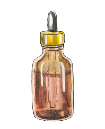 Aquarell-Illustration einer Tropfflasche, die häufig für ätherische Öle und Kräuterextrakte verwendet wird. Hautpflege, Wellness und natürliche Heilmittel.