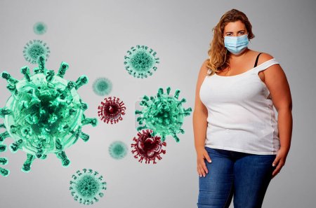 Photo for Portrait of a blonde woman with an oversized face mask in the midst of viruses - Royalty Free Image