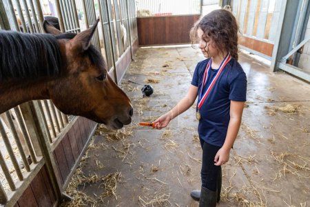 Téléchargez les photos : La fille nourrit le cheval dans l'écurie avec des bonbons - en image libre de droit