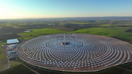 Aerial view of solar Plant in Seville, Spain. Renewable energy. Solar energy. Green energy.