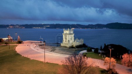 4k Aerial view of Belem Tower, Torre de Belem, Tower of Saint Vincent is fortified tower in the municipality of Lisbon Portugal