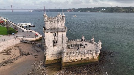 4k Aerial view of Belem Tower, Torre de Belem, Tower of Saint Vincent is fortified tower in the municipality of Lisbon Portugal