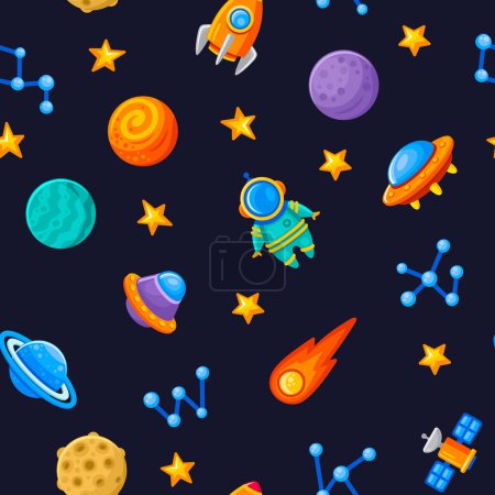 Photo for Space Seamless Pattern on Dark Background. Cartoon Style. Vector illustration - Royalty Free Image