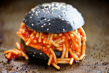 Photo for Closeup of charcoal bun spaghetti sandwich - Royalty Free Image