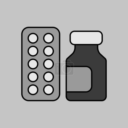 Illustration for Medicine jar and pills strip vector grayscale icon. Medical sign. Coronavirus. Graph symbol for medical web site and apps design, logo, app, UI - Royalty Free Image