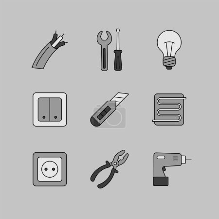 Ilustración de Reparación del hogar, conjunto de iconos de escala de grises vectoriales eléctricos. Símbolo gráfico para el diseño de su sitio web, logotipo, aplicación, interfaz de usuario. Ilustración vectorial, EPS10. - Imagen libre de derechos