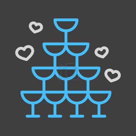 Illustration for Wedding pyramid from glasses isolated on dark background icon. Vector illustration, romance elements. Sticker, patch, badge, card for marriage, valentine - Royalty Free Image