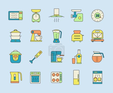 Kitchen appliances electronic electrical equipment tool vector icon set. Graph symbol for cooking web site and apps design, logo, app, UI