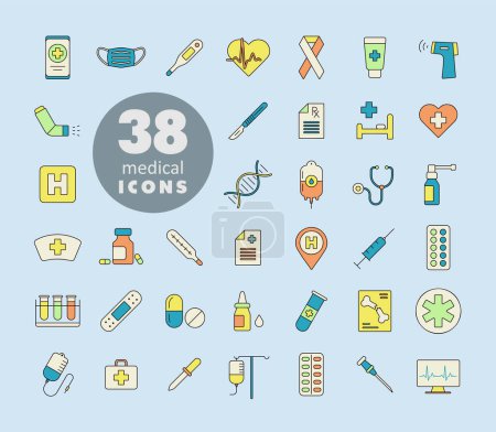 Medizinische Vektor flache Symbole gesetzt. Medizin und Gesundheitswesen, medizinische Unterstützung Zeichen. Grafiksymbol für medizinisches Website- und Apps-Design, Logo, App, UI