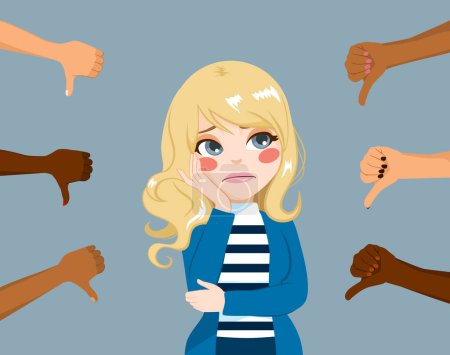 Vector illustration of unhappy blonde teenager woman receiving criticism concept. Young lady feeling guilty after negative feedback surrounded by hands with thumbs down