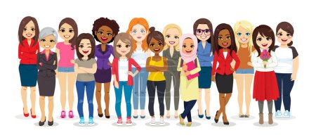 Vector illustration of multiethnic multicultural group of different casual women standing together