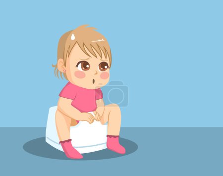 Vector illustration of cute little girl having a hard time sitting on the potty. Potty training concept