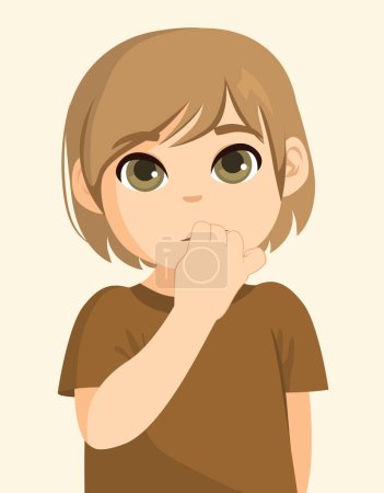 Vector illustration of a kid biting nails. A little boy bites his fingernails, he is nervous and worried, stressed. Child neurotic with bad habit.