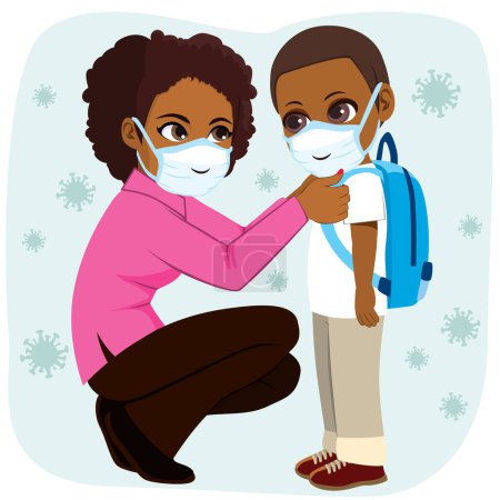 Vector illustration of mother putting on face mask on her child boy for protection against coronavirus infection. Covid prevention characters concept