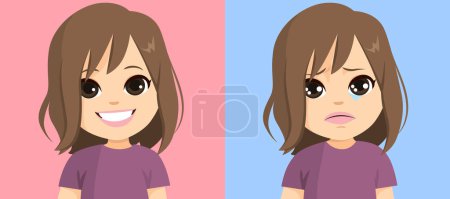Little young girl expressing happy and sad face emotion. Joy and sadness concept vector cartoon illustration