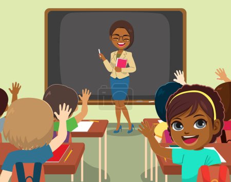 Vector illustration of school children on classroom with teacher teaching lesson. Back to school concept