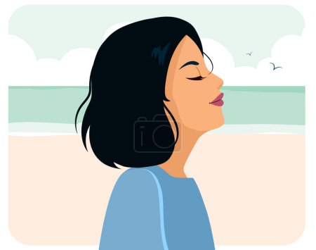 Vector illustration of young woman breathing fresh air relaxed on vacation with beach background