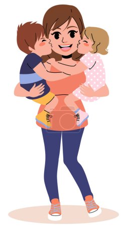 Vector illustration of young mother holding kissing children on Mother's Day