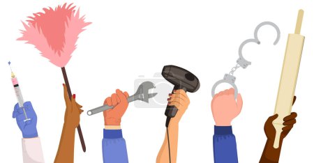 Vektor-Illustrationskonzept für den Tag der Arbeit. Männliche und weibliche Hände halten professionelle Arbeitsgeräte in der Hand. Internationaler Tag der Arbeit am 1. Mai