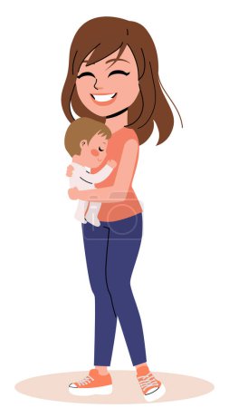 Vector illustration of woman holding her baby. Young mother comforting newborn boy isolated on white background