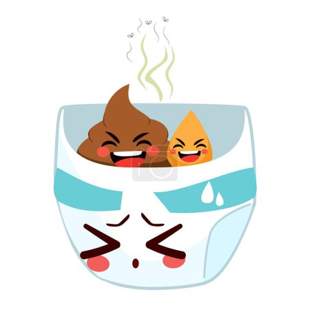 Vector illustration of stressed full diaper. Big pee and poop characters teasing stinky nappies. Change time concept