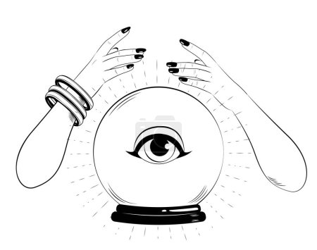 Dibujo de mago místico femenino adivino manos convocando bola de cristal mágico futuro diciendo. concepto de símbolo de Halloween
