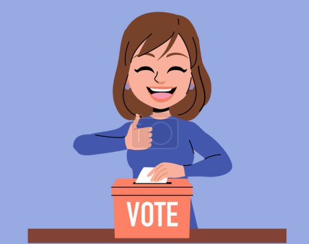 Vektorillustration einer jungen erwachsenen Frau, die einen Stimmzettel in eine Wahlurne wirft