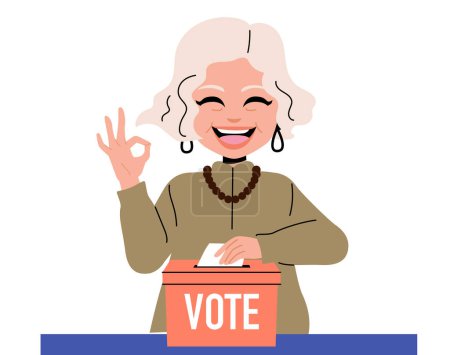 Vektorillustration einer älteren Frau, die Stimmzettel in die Wahlurne einwirft. Rentnerin macht Ok-Geste mit weißem Stimmzettel