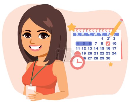 Ilustración vectorial de la bienvenida coordinadora de eventos femenina. Mujer con concepto de calendario de símbolos con fechas y citas programadas, reloj, lista de tareas pendientes con tareas, recordatorios