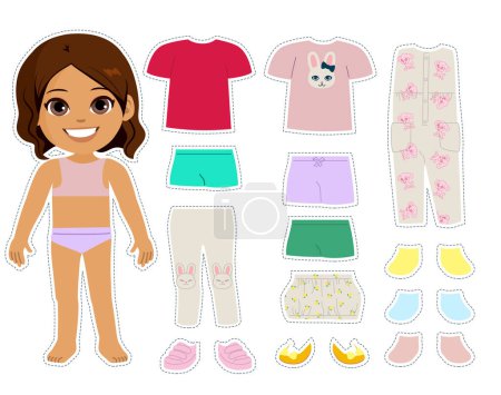 Cute small fashionable small model girl kid with various clothes and accessories. Vector illustration of little female child with matching outfits game