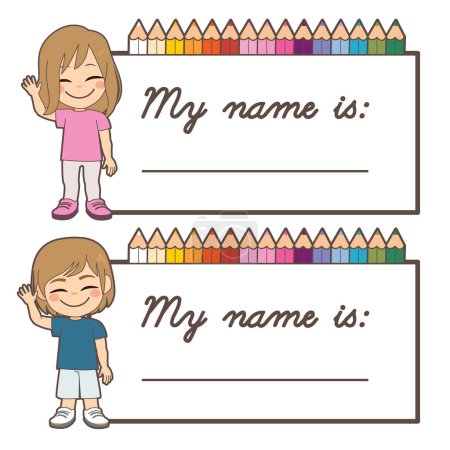 Vektor-Illustration von Kindern Tag Identifikation Leerzeichen für Namen. Gestaltungselement für Jungen oder Mädchen mit Schulelementen