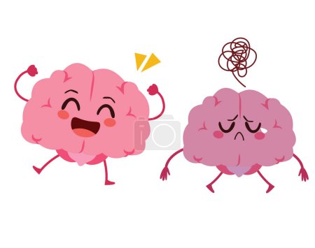 Ilustración vectorial de lindo feliz y triste cerebro personajes mascota. Concepto de mente sana y trastorno psicológico. Depresión y serotonina