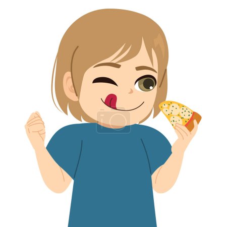 Vector illustration of little boy enjoying pizza. Hungry kid eating fast food
