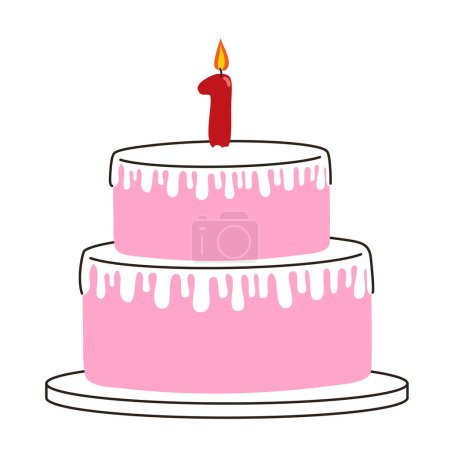Flat Vector illustration of first 1st year birthday cake with one candle isolated on white background. Yummy small sweet dessert for baby. Holiday confectionery for kids anniversary party