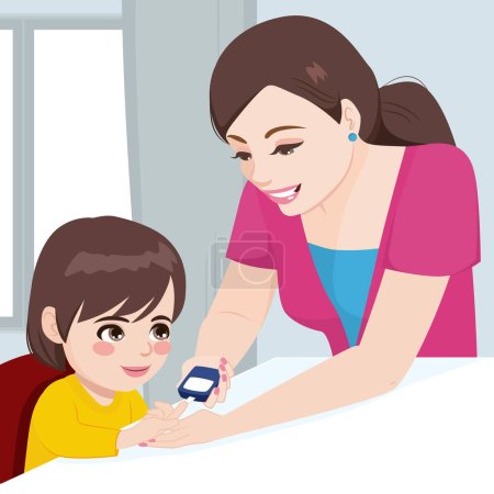 Ilustración de la madre ayudando a su hijo pequeño con glucómetro. Padres usando medidor de azúcar en sangre en dedo de niño
