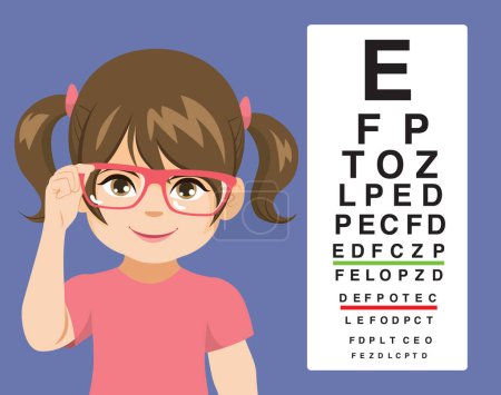 Vektor-Illustration eines niedlichen kleinen Mädchens mit Korrekturbrille. Frohes fröhliches Kind, das beim Augenarzt-Check sein Augenlicht überprüfen lässt