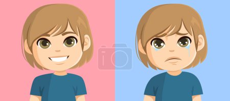 Little young boy expressing happy and sad face emotion. Joy and sadness concept vector cartoon illustration