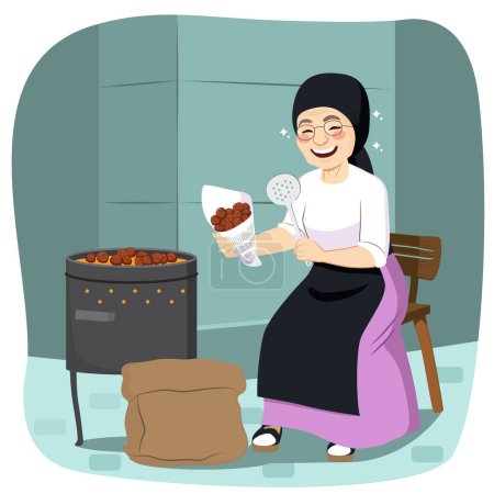 Happy old woman selling roasted chestnut vector illustration. Female person working as  traditional autumn culture food vendors in Spain