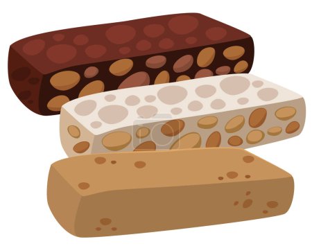 Torrone or nougat traditional Spanish sweets vector illustration. Turron dessert made of almond nuts and honey