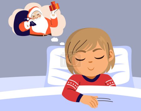 Petit garçon endormi rêvant de dessin animé vectoriel du Père Noël sur ballon comique. Impatient petit enfant se sentant fatigué attendant des cadeaux