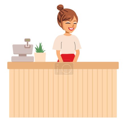 Female clerk who works at a cashier counter isolated on white background. Vector illustration of woman working at supermarket