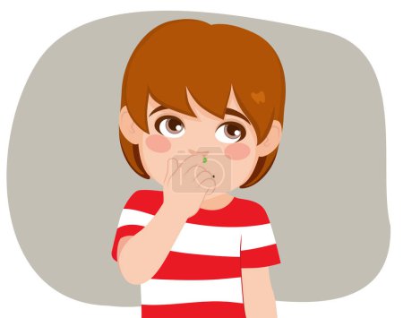 Funny child picking his nose vector illustration. Kid holding green mucus childhood bad habits concept