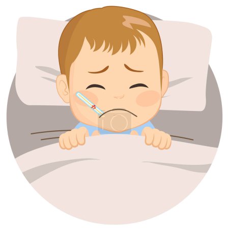 Bebé enfermo en la cama ardiendo con la ilustración del personaje de dibujos animados vector fiebre. Niño siendo febril y triste por infección viral